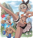 abs absurd_res accessory athletic athletic_female bea_(pokemon) bikini blue_body breasts brown_body cleavage clobbopus clothed clothing duo female frown generation_2_pokemon generation_8_pokemon grey_eyes grey_hair group gym_leader hair hair_accessory hair_ribbon hi_res hitmontop human human_focus mammal nintendo outside pokemoa pokemon pokemon_(species) ribbons sirfetch'd sky swimwear thought_bubble training upskirt water