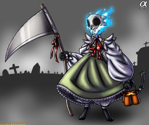 anthro black_body black_fur bone cemetery clothed clothing container dress fangs female flaming_skull fur glowing melee_weapon polearm scythe skull solo teeth text weapon viroveteruscy if_hell_had_a_taste little_dolly_death domestic_cat felid feline felis mammal spirit undead absurd_res artist_name digital_media_(artwork) hi_res