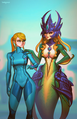 annoyed armor black_sclera bodily_fluids crossover_ship crown crying duo faulds female female/female gorget green_eyes hand_on_shoulder headgear interspecies jewelry necklace orange_eyes sad size_difference split_form stern tears danderfull league_of_legends metroid nintendo riot_games tencent nami_(lol) samus_aran aquatic human humanoid mammal merfolk absurd_res crossover hi_res