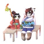 accessory anthro anthrofied belt beverage black_body black_fur black_hair black_nose blue_bottomwear blue_clothing blue_gloves blue_handwear blue_pants boots bottomwear clothing coat container countershade_face countershading cup duo eyewear female female/female footwear fur furniture glasses gloves green_belt green_eyes grey_eyes hair hair_accessory hair_ring hand_wraps handwear holding_object leg_wraps looking_at_another pants pink_bottomwear pink_clothing pink_pants pink_shirt pink_topwear ponytail pouch_(clothing) ring sandals scroll shirt shoes simple_background sitting size_difference smile staff table tea tea_leaves topwear white_background wraps young young_female unknown_artist blizzard_entertainment overwatch warcraft li_li_stormstout mei_(overwatch) bear mammal pandaren 1:1 2019 colored digital_drawing_(artwork) digital_media_(artwork)