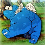 anthro balls belly big_belly big_butt blue_body butt detailed_background feet genitals male outside overweight overweight_male penis plant solo tree wings fatback_hog nintendo oracle_of_ages oracle_of_seasons the_legend_of_zelda moosh bear mammal 1:1 2024 absurd_res hi_res