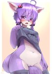 5_fingers anthro blush bottomless breasts clothed clothing clothing_lift female fingers fur hair kemono legwear long_hair open_mouth purple_body purple_eyes purple_fur purple_hair simple_background solo thigh_highs shiitakemeshi vocaloid yuzuki_yukari canid canine canis domestic_dog mammal hi_res