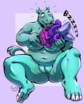 4_toes 5_fingers anthro big_breasts biped blue_eyes breasts feet female fingers genitals navel nude open_mouth pink_tongue purple_background pussy sex_toy simple_background sitting slightly_chubby slightly_chubby_female solo toes tongue candy.yeen common_hippopotamus hippopotamid mammal 2021 hi_res signature