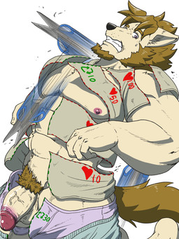 abs anthro areola assisted_exposure balls beard bodily_fluids brown_eyes brown_hair clenched_teeth facial_hair fur genitals glans hair humanoid_genitalia humanoid_penis like_goal male muscular muscular_anthro muscular_male nipples pecs penis pubes retweet_goal scissors simple_background solo surprised sweat sweatdrop tan_body tan_fur teeth vein veiny_penis white_background run_aki strip_meme canid canine canis mammal hi_res