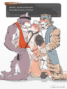 accessory anthro asian_clothing balls beads blush bottomless bottomless_anthro bottomless_male clothed clothing collar dialogue_box east_asian_clothing erection fluffy fluffy_tail foreskin fur genitals grey_body grey_fur group headband humanoid_genitalia humanoid_penis kemono kissing leash leash_pull leashed_collar male male/male multicolored_body multicolored_fur orange_body orange_fur penis pink_nose pointy_ears prayer_beads striped_body striped_fur stripes tail tan_body tan_fur text tongue trio two_tone_body two_tone_fur vein veiny_penis white_body white_fur cambrian_(artist) threefold_recital_(game) betnone_(threefold_recital) triratna_(threefold_recital) canid canine canis domestic_cat felid feline felis mammal pantherine tiger wolf 3:4 absurd_res english_text hi_res
