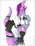 accessory anthro bent_over bone_frill breasts clothed clothing female frill_(anatomy) garter green_eyes half-closed_eyes head_crest horn looking_at_viewer maid_uniform narrowed_eyes nipples non-mammal_breasts non-mammal_nipples pink_body simple_background solo tail tongue tongue_out uniform white_background white_clothing blazingstar marc_leonhardt mythology dragon mythological_creature mythological_scalie scalie marker_(artwork) traditional_media_(artwork)