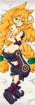 blonde_hair breasts butt clothed clothing dakimakura female fingers green_eyes grin hair long_hair looking_at_viewer lying midriff on_side sharp_teeth smile solo teeth poethewondercat nippon_ichi_software the_witch_and_the_hundred_knight metallia animal_humanoid canid canid_humanoid canine canine_humanoid fox_humanoid humanoid hybrid mammal mammal_humanoid 1:3 2020 absurd_res dakimakura_design digital_media_(artwork) hi_res