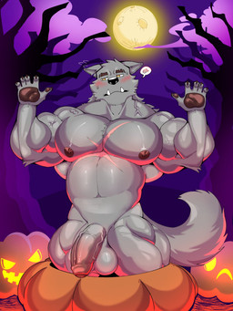 anthro balls biceps big_balls big_penis blush eyebrows forearm_muscles full_moon genitals growth hyper jack-o'-lantern male male/male moon muscle_growth muscular muscular_male nude pecs penis scar shy solo tail vein veiny_penis kurokawashinichi_(artist) mythology canid canine humanoid mammal mythological_canine mythological_creature werecanid werecanine werecreature werewolf 3:4 hi_res