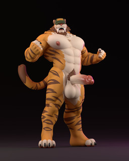4_toes abs anthro balls barazoku beard biceps brown_facial_hair brown_hair brown_stripes claws clothing covered_eyes erection facial_hair feet finger_claws fingerless_(marking) fur genitals green_clothing green_hat green_headwear hair hat hat_covering_eyes hat_only headgear headgear_only headwear headwear_only male mostly_nude multicolored_body multicolored_fur muscular muscular_anthro muscular_male nipples orange_body orange_fur pecs penis pubes solo standing striped_body striped_fur stripes tail toe_claws toeless_(marking) toes trucker_hat vein veiny_penis white_body white_fur leodamodeler leothemodeler leodamodeler_(modeler) bruce_(ara_chibi) felid mammal pantherine tiger 2025 3d_(artwork) 4:5 absurd_res digital_media_(artwork) hi_res