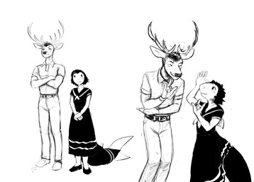 anthro antlers bottomwear clothing dress duo female horn male pants smile hladilnik deer_admiral_(hladilnik) lonely_shark_(hladilnik) aquatic deer fish mammal shark hi_res monochrome sign_language adopted_(lore) adopted_daughter_(lore)