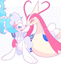 abstract_background ambiguous_gender blue_eyes blue_hair duo eyes_closed fangs feral gem hair hug looking_at_another open_mouth pearl_(gem) split_form starfish_(accessory) teeth white_body yellow_body prizma730 nintendo pokemon aquatic asterozoan echinoderm generation_3_pokemon generation_7_pokemon milotic pokemon_(species) primarina starfish 2024 hi_res