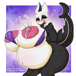 anthro areola belly big_belly big_breasts bikini bikini_down bikini_pull bikini_top black_body blush bodily_fluids bottomless breasts brown_eyes clothed clothing clothing_pull drooling eyelashes female huge_breasts hyper hyper_breasts lactating lactating_through_clothing looking_at_viewer markings multicolored_body navel nipples one_eye_closed overweight overweight_anthro overweight_female partially_clothed pink_areola pink_nipples pregnant pregnant_anthro pregnant_female projectile_lactation raised_tail saliva smile solo standing swimwear swimwear_pull tail thick_thighs tongue tongue_out topwear topwear_only topwear_pull two-piece_swimsuit wet wet_clothing white_markings wink morgan_gorgon cadil_(orca) aquatic cetacean dolphin mammal oceanic_dolphin orca toothed_whale 1:1 2022 digital_media_(artwork) hi_res shaded