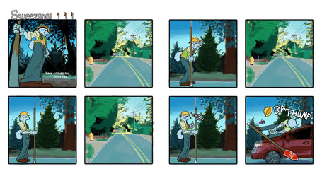 8_panel_comic anthro car clear_sky clothed clothed_anthro clothed_male clothing eating fire_hydrant fully_clothed fully_clothed_anthro fully_clothed_male fur holding_object male narrowed_eyes outside power_lines red_car road run_over safety_vest sky solo squint standing stop_sign tail text topwear vehicle vest white_body white_fur hieronymusjohnson squeez_(hieronymusjohnson) canid canine canis domestic_dog mammal nordic_sled_dog samoyed spitz 16:9 2025 absurd_res aliasing binary_drawing comic digital_drawing_(artwork) digital_media_(artwork) hi_res url widescreen