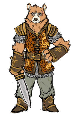 anthro armor belt black_nose blade brown_eyes chainmail claws clothed clothing ear_piercing ear_ring female fully_clothed fur leather leather_clothing melee_weapon piercing ring_piercing scar solo sword weapon guoh dreamworks kung_fu_panda kung_fu_panda_the_dragon_knight luthera_the_wandering_blade bear brown_bear mammal ursine