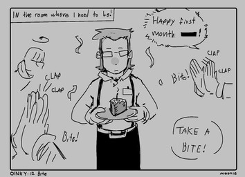cake censored_text clapping dessert dialogue eyewear food glasses holding_plate male party plate slice_of_cake solo_focus suspenders text lilmoonie unnamed_character human mammal 2025 black_and_grey comic english_text monochrome
