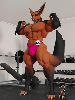 4_toes abs anthro barbell beverage_can black_body black_fur claws clothing dumbbell eyebrows feet flexing flexing_bicep flexing_both_biceps fur kettlebell male muscular muscular_anthro muscular_male number orange_body orange_fur standing teeth thong toe_claws toes underwear weight_bench weights yellow_eyes oleanderin valorlynz_(modeler) hel_(shiretsuna) canid canine fox mammal 2025 3:4 3d_(artwork) digital_media_(artwork) hi_res