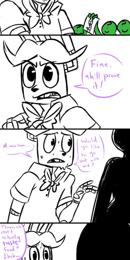 anthro blush bodily_fluids bow_(feature) bow_tie buckteeth dialogue faceless_character faceless_female female food group in_denial machine male simple_background speech_bubble stated_heterosexuality stated_sexuality sweat teeth text white_background inkyfrog five_nights_at_freddy's scottgames anon bonnie_(fnaf) animatronic human lagomorph leporid mammal rabbit robot 2016 absurd_res english_text hi_res long_image partially_colored tall_image