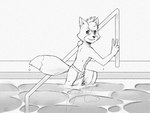 adolescent anthro clothed clothing gesture hand_gesture looking_at_viewer male railing smile smiling_at_viewer solo swimming_pool swimwear topless v_sign water young young_anthro kokoro-tokoro nintendo star_fox marcus_mccloud canid canine fox mammal 4:3 black_and_white monochrome sketch