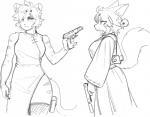 5_fingers anthro breasts browning_hi-power clothed clothing duo female fingers gun hair looking_back ranged_weapon simple_background snout standing trigger_discipline weapon white_background pgm300 mammal black_and_white digital_media_(artwork) hi_res monochrome sketch