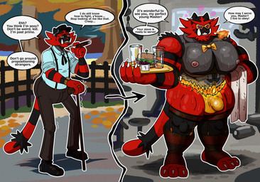 3_toes 5_fingers abs anthro biceps black_body black_fur blue_clothing blue_shirt blue_topwear bodily_fluids bow_tie brainwashing bulge burger cigar claws clothed clothing detailed_background elderly elderly_male eyewear feet fence fingers food footwear fruit fur glasses gold_underwear growth hat headgear headwear himbofication hypnosis male markings mind_control multicolored_body multicolored_fur muscle_growth muscular muscular_legs muscular_male nipples olive_(fruit) pecs plant platter red_body red_eyes red_fur ring shirt shoes skimpy smile solo speech_bubble spiral spiral_pupils striped_markings striped_tail stripes suspenders sweat tail tail_markings teeth text toe_claws toes topwear towel transformation tusks two_tone_body two_tone_fur waiter walking_cane anothermeekone nintendo pokemon generation_7_pokemon incineroar pokemon_(species) absurd_res english_text hi_res