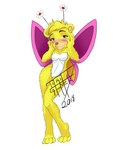 antennae_(anatomy) blonde_hair blue_eyes blush breasts female fingers flower fur hair hand_on_face looking_at_viewer plant simple_background solo standing text white_body white_fur wings yellow_body yellow_fur taka_studio the_wuzzles butterbear_(the_wuzzles) arthropod bear hybrid mammal 2018 3:4 absurd_res digital_media_(artwork) full-length_portrait hi_res portrait