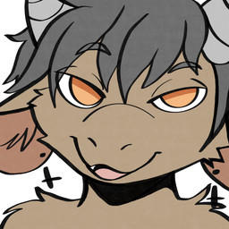 ambiguous_gender anthro arm_tuft brown_body brown_fur cheek_tuft cross cross_ear_piercing cross_piercing ear_piercing facial_tuft fur grey_hair grey_horn hair half-closed_eyes horn inner_ear_fluff inverted_cross inverted_cross_ear_piercing inverted_cross_piercing narrowed_eyes one_fang open_mouth orange_eyes piercing short_hair shoulder_tuft simple_background smile solo teeth tongue tuft white_background manitka manitka_storm bovid bovine cattle mammal 1:1 2025 bust_portrait digital_media_(artwork) hi_res portrait