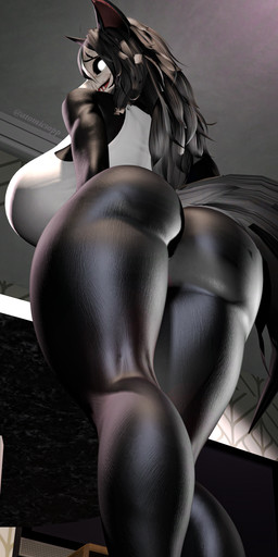 anthro big_breasts big_butt black_body bone breasts butt clothing female hair huge_butt light long_hair looking_back lying on_back skull skull_head solo tail thick_thighs white_clothing atomicsopp_sfm scp_foundation mal0_(bom39) scp-1471-a canid canine malo mammal skulldog_(species) absurd_res hi_res