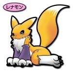 ambiguous_gender anthro biped black_sclera blue_eyes fur simple_background sitting solo tail text white_background yellow_body yellow_fur rag._(artist) bandai_namco digimon canid canine digimon_(species) mammal renamon 1:1 japanese_text