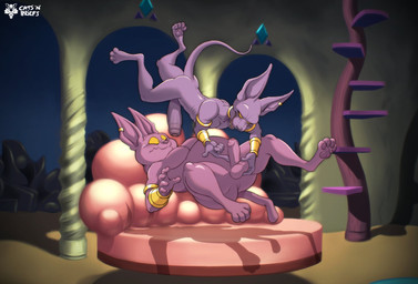 anthro armband balls belly duo erection floating foreskin genitals gold_(metal) gold_jewelry jewelry male male/male nude overweight overweight_anthro overweight_male penis purple_body catsnbriefs dragon_ball dragon_ball_super beerus champa alien domestic_cat felid feline felis mammal hi_res brother_(lore) brothers_(lore) incest_(lore) sibling_(lore)