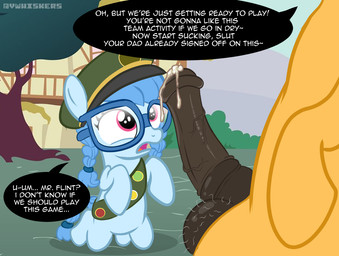 animal_genitalia animal_penis balls big_balls big_penis bodily_fluids braided_hair clothing cum cutie_mark dialogue duo equine_genitalia equine_penis erection eyewear female feral fur genital_fluids genitals glasses hair imminent_oral imminent_rape imminent_sex male male/female nude open_mouth penis precum pubes tail text tongue young vwhiskers girl_scout hasbro my_little_pony fan_character flint_spark freezy_(vwhiskers) earth_pony equid equine horse mammal pony digital_media_(artwork) english_text