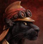 ambiguous_gender armor black_body black_fur colonial eyewear fur goggles headgear helmet looking_at_viewer melanistic pith_helmet simple_background solo whiskers kenket disney the_jungle_book bagheera_(jungle_book) felid mammal pantherine painting_(artwork) portrait traditional_media_(artwork) traditional_painting_(artwork)