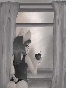 anthro bangs beverage biped breasts brown_hair butt clothed clothed_anthro clothed_female clothing coffee coffee_cup container cup curtains female female_anthro fur grey_body grey_fur hair inside long_hair looking_at_viewer looking_back looking_back_at_viewer rear_view scut_tail short_tail small_breasts solo standing straight_hair tail window furrfurr domestic_cat felid feline felis mammal 3:4 digital_drawing_(artwork) digital_media_(artwork) greyscale hi_res monochrome