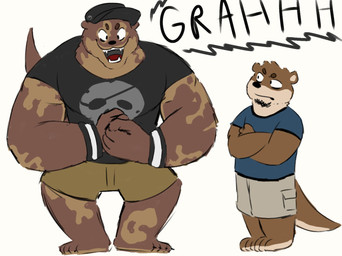 4_fingers 4_toes aged_up annoyed anthro armband big_muscles birthmark black_clothing black_eyes black_facial_hair black_hat black_headwear black_nose bottomwear brown_body brown_eyebrows brown_fur clothing countershade_feet countershade_neck countershade_snout countershade_tail countershading crossed_arms duo eyebrows facial_hair feet fingers flexing flexing_bicep flexing_both_biceps fur goatee grin grumpy hat head_tuft headgear headwear khaki_pants larger_male male markings muscular neck_tuft open_mouth round_ears sharp_teeth shirt shorts simple_background size_difference skull_symbol smaller_male smile snout t-shirt tail tan_body tan_countershading tan_fur tan_inner_ear teeth text toes tongue topwear tuft white_background white_sclera yelling dewottdude echo_(game) echo_(series) echo_project chase_hunter sydney_bronson asian_small-clawed_otter mammal mustelid otter river_otter 2024 digital_media_(artwork) english_text hi_res