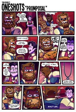 basket beard black_hair blush bodily_fluids body_hair book bottomwear brown_hair chest_hair clothed clothing container cross dialogue facial_hair fangs food fully_clothed group hair humor jacket jewelry letterman_jacket male male/male necklace nervous pants speech_bubble sweat sweater sweater_vest teeth text topwear vest tehbluebubble mythology vince_(tehbluebubble) walter_(tehbluebubble) canid canine humanoid mammal monster mythological_canine mythological_creature vampire werecanid werecanine werecreature werewolf 2019 absurd_res comic english_text hi_res