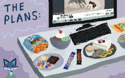 anthro bag blue_body blue_fur bowl candy chip_bag chocolate clothing computer container cookie cupcake dessert electronics food fur gummy_(food) ice_cream keyboard male plate shirt snack solo teal_clothing teal_shirt teal_topwear topwear demensa cheetos canid canine canis coyote domestic_dog mammal 16:10 2025 digital_media_(artwork) hi_res pixel_(artwork) widescreen