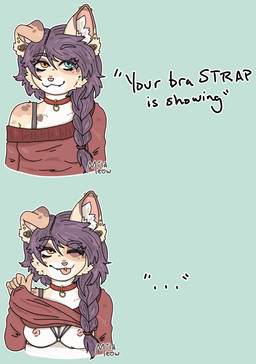 anthro areola blue_background braided_hair breasts cheek_tuft chest_harness clothed clothing clothing_lift collar ear_piercing facial_tuft female flashing flashing_breasts gauged_ear hair harness heterochromia inner_ear_fluff looking_at_viewer nipples off_shoulder one_eye_closed piercing pink_areola pink_nipples purple_hair red_clothing red_collar red_sweater red_topwear simple_background solo sweater sweater_lift text tongue tongue_out tongue_piercing topwear tuft white_inner_ear_fluff wink winking_at_viewer mildmeow bra_strap_showing_(meme) alyx_(alyxalyx) domestic_cat felid feline felis mammal 2026 absurd_res digital_media_(artwork) english_text handwritten_text hi_res meme trans_(lore) trans_woman_(lore)