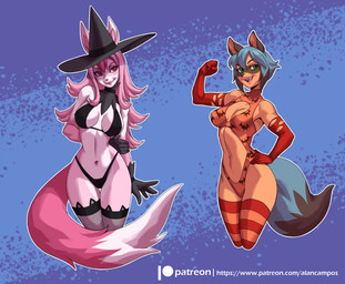 anthro armwear black_bra black_clothing black_thong black_underwear blue_hair bra breasts brown_body brown_fur cleavage clothed clothing dipstick_tail duo elbow_gloves eyebrows eyelashes facial_markings female flexing fur gloves green_eyes hair hand_on_hip handwear hat head_markings headgear headwear holidays legwear leotard long_hair looking_at_viewer markings mask_(marking) multicolored_hair navel navel_piercing open_mouth open_smile piercing pink_body pink_eyes pink_fur pink_hair short_hair smile stockings tail tail_markings text thigh_gap thong tongue tongue_out two_tone_hair underwear witch_hat alanscampos brand_new_animal halloween studio_trigger michiru_kagemori nazuna_hiwatashi canid canine fox mammal raccoon_dog 2021 hi_res url