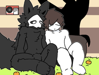 anthro black_body black_fur bottomwear clothing couples cuddling fur latex liquid_latex male male/male pants romantic romantic_couple sitting sitting_on_ground sleeping solo tired_eyes fallonheels changed_(video_game) colin_(changed) puro_(changed) digital_media_(artwork) hi_res
