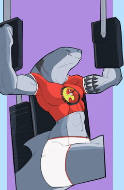 abs anthro biceps breasts clothed clothing crop_top cute_fangs exercise eyes_closed fangs female flexing fully_clothed grey_body grey_skin muscular muscular_anthro muscular_female non-mammal_breasts sharp_teeth shirt short sitting solo tail teeth thick_tail tight_clothing topwear weightlifting workout f_draws selene_(f_draws) aquatic fish shark hi_res