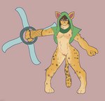 anthro areola armwear breasts brown_hair clothing countershading facial_markings female fishnet_armwear fishnet_clothing fur genitals hair head_markings holding_object holding_weapon hood leopard_spots markings mask_(marking) mostly_nude nipples pussy ranged_weapon red_eyes scarf short_hair shuriken simple_background solo spots weapon yellow_body yellow_fur inabaart ta'liana felid feline leopardus mammal ocelot hi_res