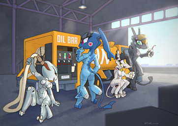 aircraft anthro beverage biped blue_body breasts butt crouching detailed_background female green_eyes grey_body group hangar holding_beverage holding_object hose lamp machine open_mouth red_eyes sitting smile standing tail vehicle yellow_eyes sat_v12 f-14 f-2 f-35_lightning_ii lockheed_martin mitsubishi_f-2 gau_(sat_v12) maggie_(sat_v12) mila_(sat_v12) a-10 aeromorph animate_inanimate felid living_aircraft living_machine living_vehicle mammal 2020 digital_media_(artwork) hi_res