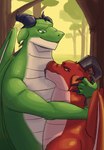 anthro chest_lick duo holding_close horn licking looking_at_another male male/male spikes tongue tongue_out wings rhymeofstrophe mythology dragon mythological_creature mythological_scalie scalie hi_res