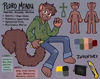 andromorph ankh anthro barefoot biped blue_bottomwear blue_clothing blue_jeans blue_pants bottomwear box_cutter brown_arms brown_body brown_ears brown_fur brown_legs brown_tail claws clothed clothed_anthro clothing color_swatch denim denim_bottomwear denim_clothing fangs feet fully_clothed fully_clothed_anthro fully_clothed_intersex fur genitals green_clothing green_hoodie green_topwear happy holding_object hoodie humanoid_genitalia humanoid_vulva intersex jeans knife mastectomy_scar nude_andromorph nude_anthro open_mouth open_smile pants scar self-harm_scars sharp_teeth smile solo stated_gender stated_sexuality tail teeth text topwear visibly_trans vulva spudnikmutt pedro_miaou domestic_cat felid feline felis mammal english_text hi_res model_sheet trans_(lore) trans_man_(lore)