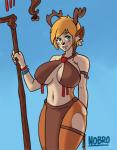 big_breasts blonde_hair blue_eyes bottomwear breasts clothing curvy_figure female hair huge_breasts loincloth short_hair solo staff voluptuous nobro battlerite blossom_(battlerite) animal_humanoid deer faun humanoid mammal absurd_res hi_res