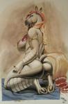 anthro big_breasts big_butt biped braided_hair breasts butt female fur grey_body grey_fur hair hooves kneeling long_hair nipples nude solo siyah equid equine mammal hi_res traditional_media_(artwork)