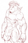 abs anthro balls beard ear_piercing ear_tag facial_hair foreskin genitals half-erect humanoid_genitalia humanoid_penis male muscular muscular_anthro muscular_male nude partially_retracted_foreskin penis piercing pose simple_background solo white_background psycohound bovid bovine mammal