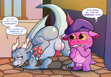 balls big_balls blush bodily_fluids butt clothing dialogue dripping duo feet feral flaccid foreskin genital_fluids genitals hat hat_feather headgear headwear hindpaw loose_feather male membrane_(anatomy) membranous_wings nervous overweight overweight_male pawpads paws penis precum precum_drip presenting presenting_hindquarters slightly_chubby slightly_chubby_male speech_bubble tail temptation text thought_bubble wings young young_male boyhowdy born_of_bread mythology calor_(calor_lacerta) dub_drago fan_character dragon mythological_creature mythological_scalie reptile scalie english_text hi_res