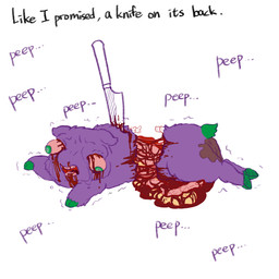 abuse ambiguous_feral ambiguous_gender anus baby_talk bisected blood blood_from_eye blood_from_mouth blood_from_wound blood_in_mouth bloodshot_eyes bodily_fluids bone death dialogue dying eye_popping feces feral fur gore green_eyes green_hooves green_tail grotesque_death guts hooves intestines knife neonate open_mouth organs pain purple_body purple_fur simple_background solo stab suffering tail text white_background wounded young young_ambiguous young_feral yellowcottoncandy030 fluffy_pony fluffy_pony_(species) mammal 1:1 2025 comic digital_media_(artwork) english_text hi_res