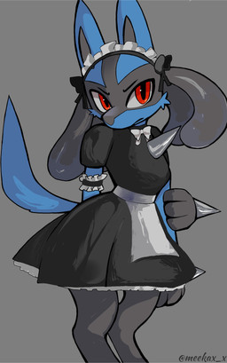 3_fingers ambiguous_anthro ambiguous_gender anthro black_body black_clothing black_eyebrows black_fur black_inner_ear black_legs black_uniform blue_body blue_ears blue_fur blue_tail bow_ribbon cheek_tuft chest_spike clothed clothed_ambiguous clothed_anthro clothing eyebrows facial_tuft fingers front_view fur gloves grey_background hand_on_own_arm hand_spike handwear maid_headdress maid_uniform multicolored_body multicolored_ears multicolored_fur pupils raised_tail red_eyes simple_background solo spikes spikes_(anatomy) standing tail text tuft uniform white_bow white_clothing meekax_x nintendo pokemon generation_4_pokemon lucario pokemon_(species) 2026 absurd_res artist_name digital_media_(artwork) hi_res watermark