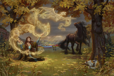 ambiguous_gender autumn black_body black_mane braided_hair brown_hair clothing female feral grass group hair hooves illusion leaf looking_up magic mane mountain open_mouth outside plant robe sitting size_difference tail text tree shade_of_stars calico_cat domestic_cat equid equine felid feline felis horse human mammal 2023 english_text hi_res
